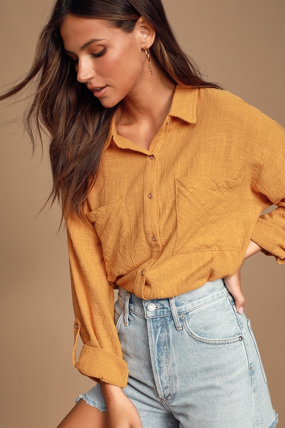 Cute Mustard Yellow Top - Button-Up Top ...